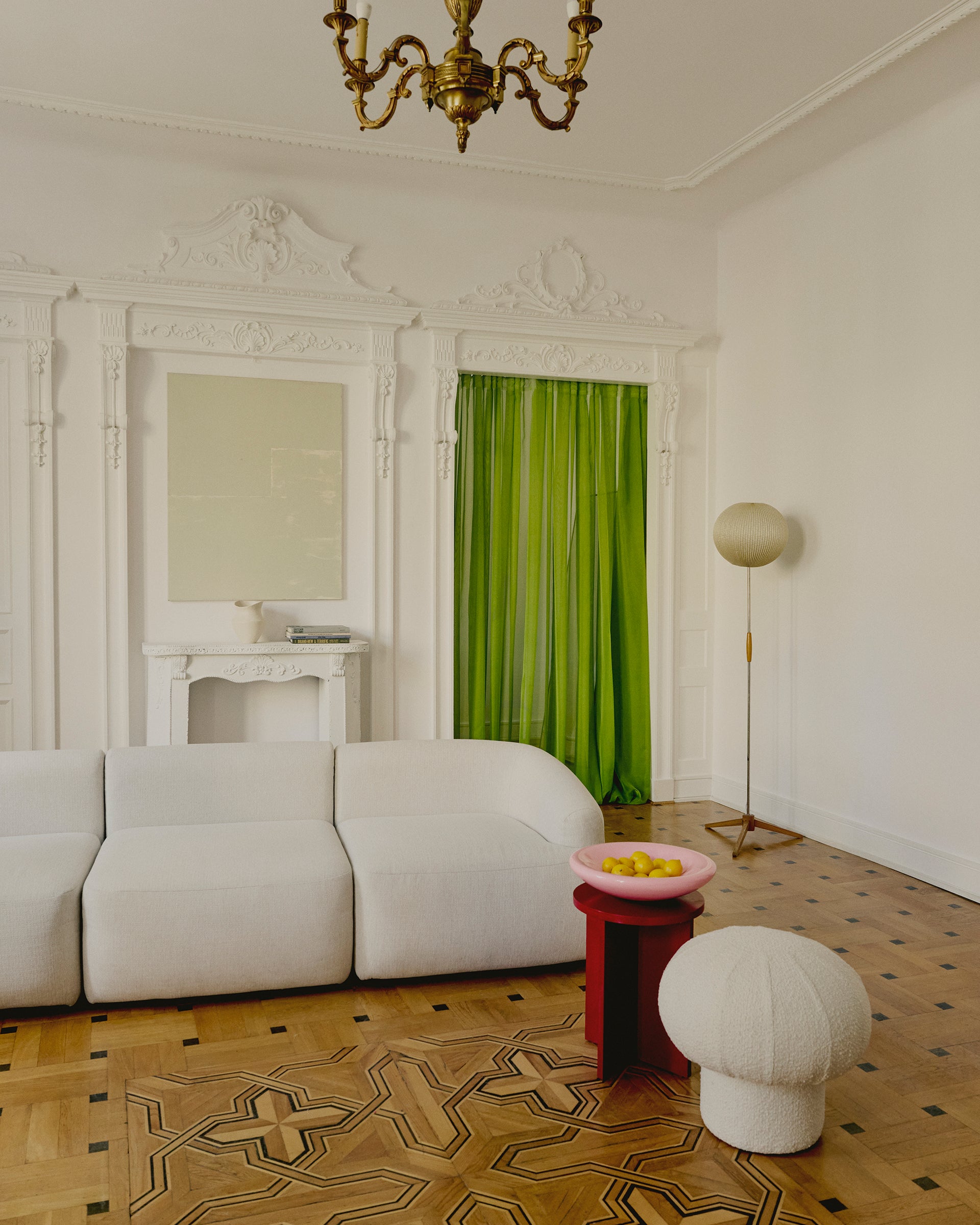 Green light curtain in classical interior with wooden floor